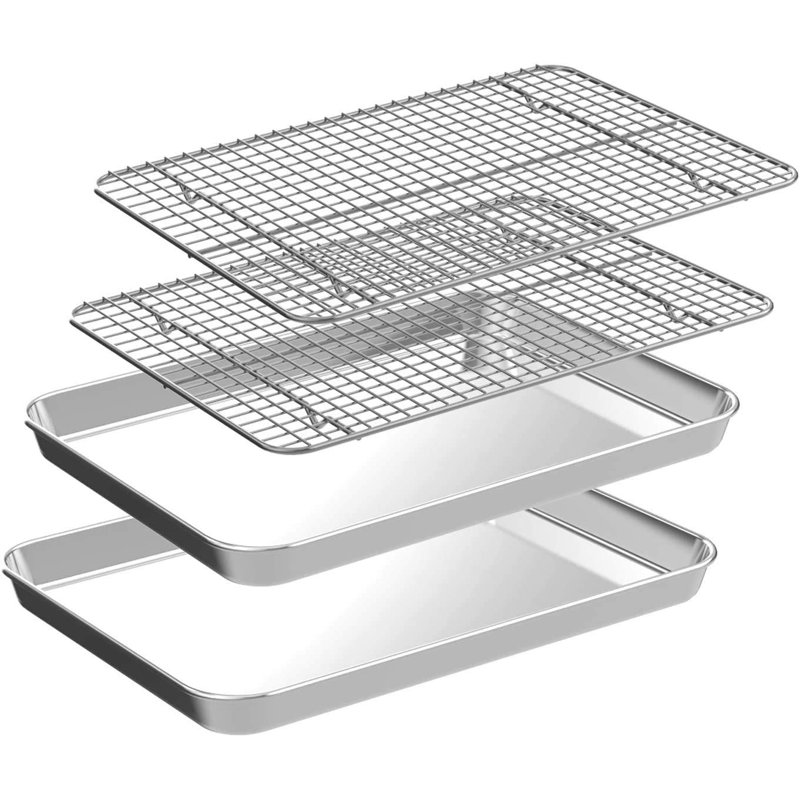 Quarter Sheet Pan With Cooling Rack Set [2 Baking Sheets + 2 Baking Racks], Stainless Steel Cookie Sheets For Baking And Wire Rack, Size 10.4 X 8 X 1 Inch