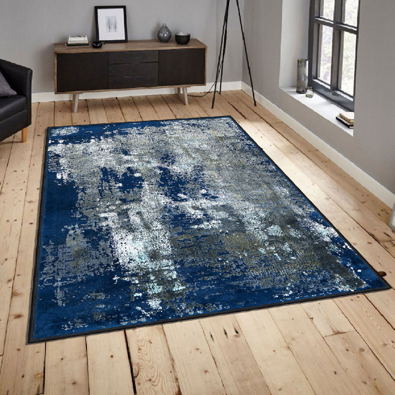Wencil Soft & Stylish Area Rug (2.6 x 4 ft), 100% Cotton, 10 mm Pile Height | Antibacterial, Non-Slip PVC Underside, Machine Washable | Elegant White, Blue & Beige Design | Perfect for Living Room, Bedroom & Home Décor