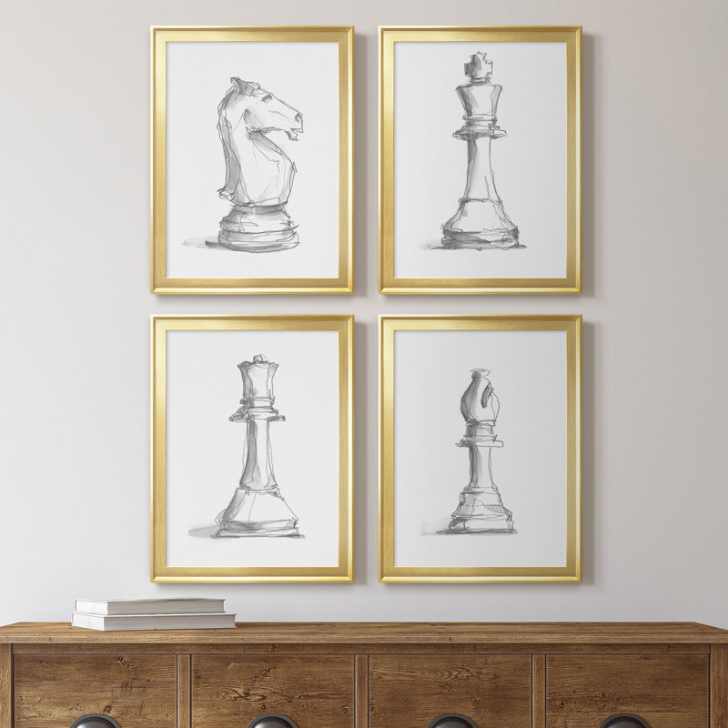 " Chess Piece Study I " 4 Piece Art Color Photography Painting, 24.5" H x 74" W x 1" D, Gold Framed