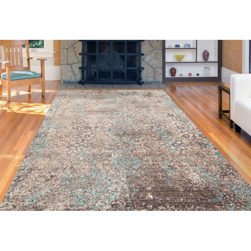 Tapis décoratif Aqua/brun à motif abstrait, Rectangle 3 pi 11 po x 5 pi 7 po