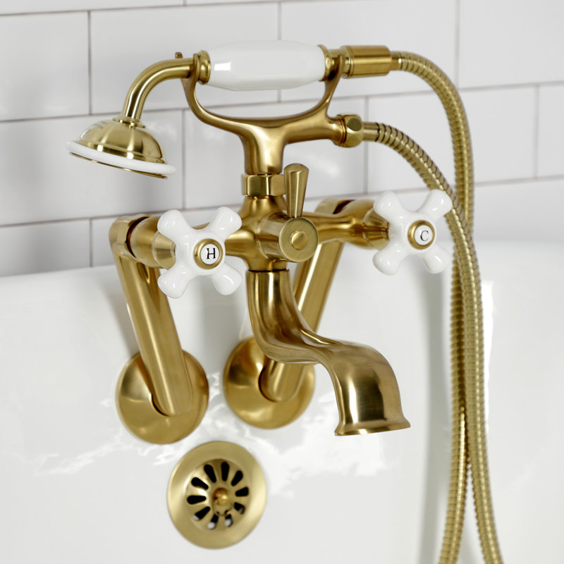 Kingston Brass Kingston Three-Handle 2-Hole Tub Wall Mount Clawfoot Tub Faucet with Hand Shower, Golden
