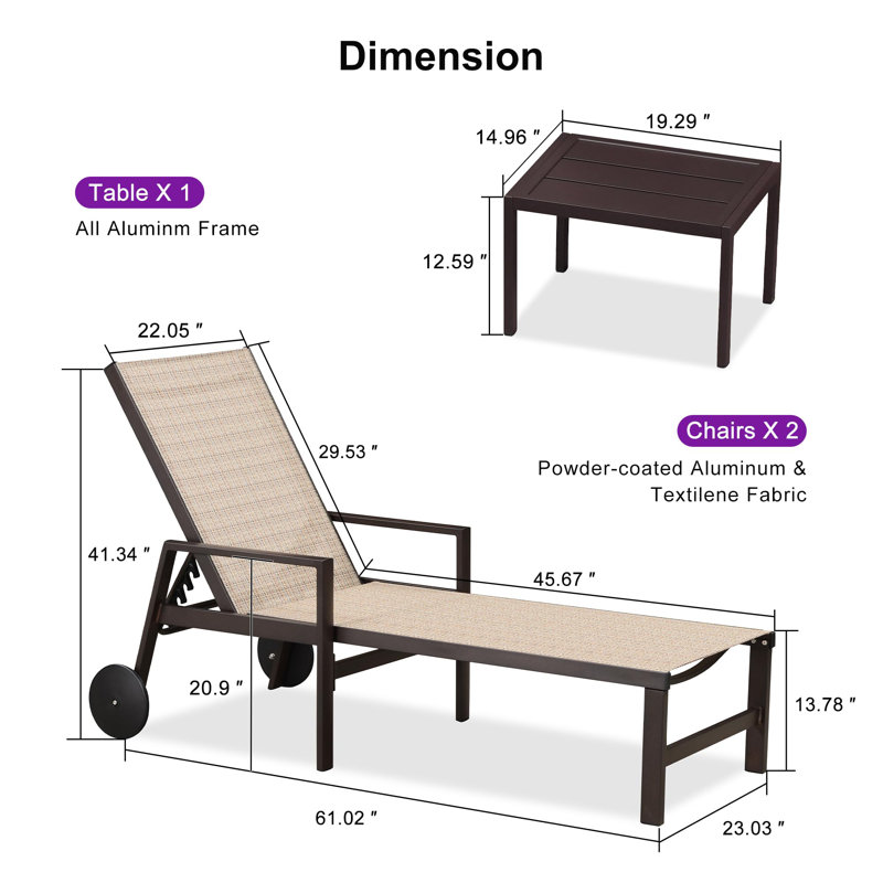 Set of 2 Latitude Run Metal Lounge Chair by Nature PVC-coated polyester with Arms and Table, Misty Gray