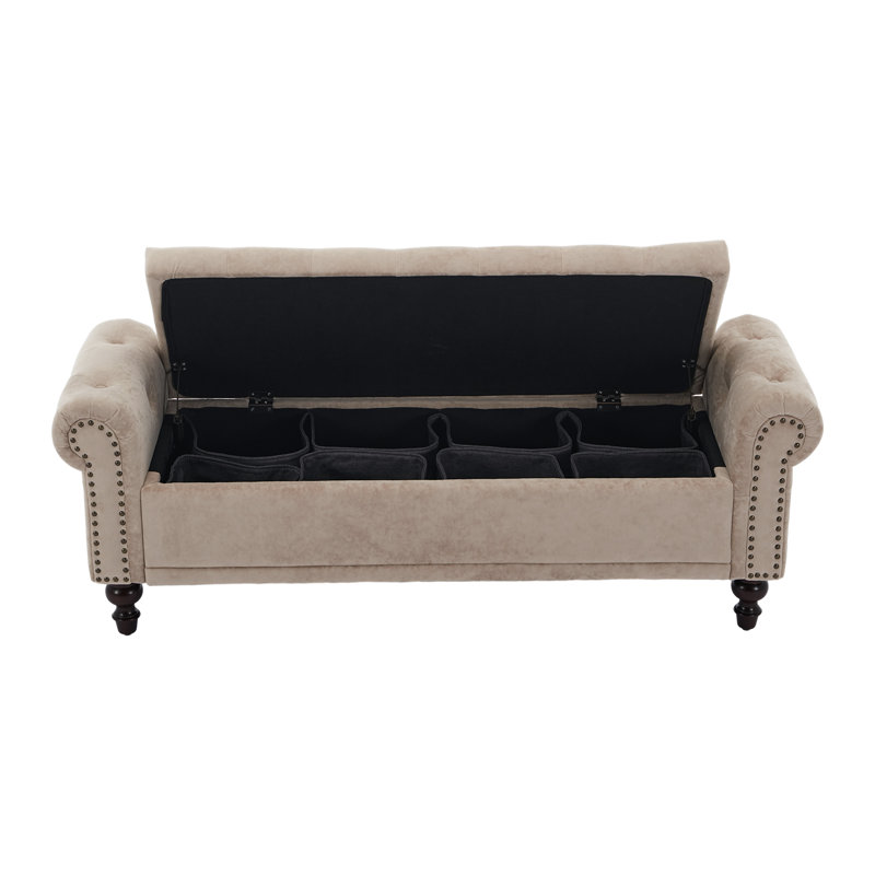 Banc de rangement rembourré avec compartiments de rangement segmentés, H 20,8 po x l 58,1 po x P 18,7 po, Velours brun clair