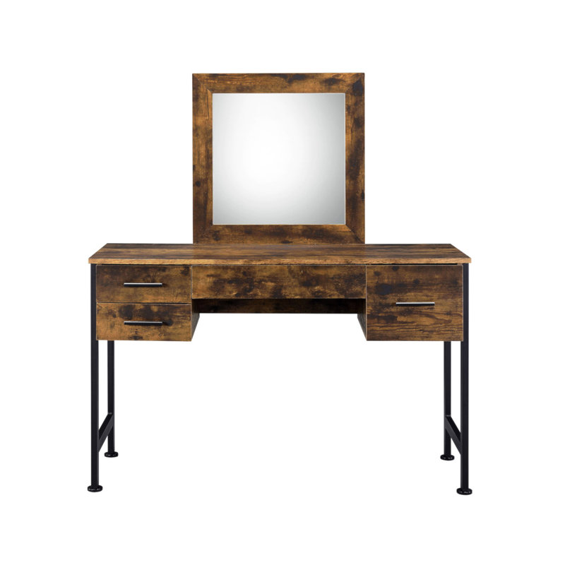 Ensemble de coiffeuse 4 tiroirs avec miroir, chêne rustique et noir