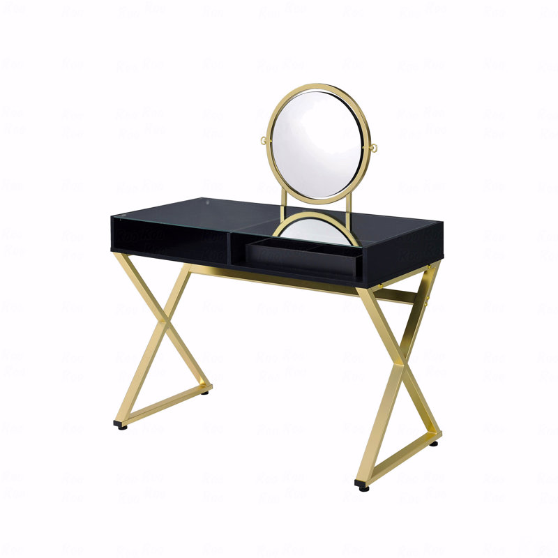 Coleen Black & Gold Finish Vanity Desk (Makeup Vanity) W/Mirror & Jewelry Tray, Black