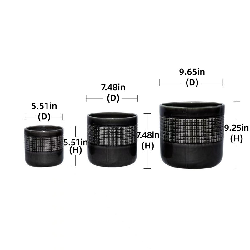 Set of 3 Grid Ceramic Flowerpot, Modern Planter for Patio, Garden, Windowsill -, Black