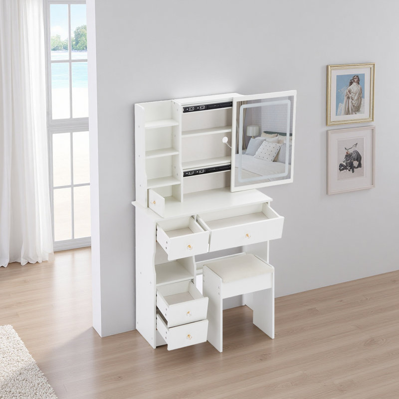 29.2" Small Size Left Drawer Desktop Vanity Table + Cushioned Stool, 2 AC+2 USB Power Station, Hair Dryer Bracket, Extra Large Touch Control Sliding LED Mirror, Tri-Color Switching, Brightness Adjust
