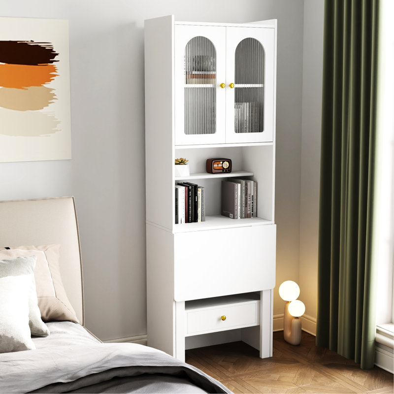 Armoire de bureau blanche avec fonction de dépliage - Tablette et tiroir pour poste de travail convertible avec rangement pour l'efficacité du bureau à domicile