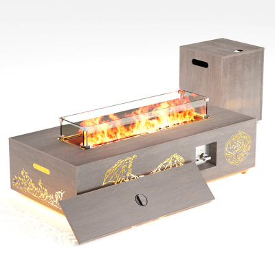 42" Propane Fire Pit Table Rectangular Firepit LED Outside Patio Deck Garden Backyard with Hollowed-Out Pterosaur Pattern, Golden Light Strip and 50,000 BTU Burner