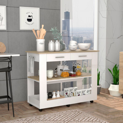 Kitchen Island 46, Six Casters, Two Drawers, Lower Open Shelf - White / Light Oak
