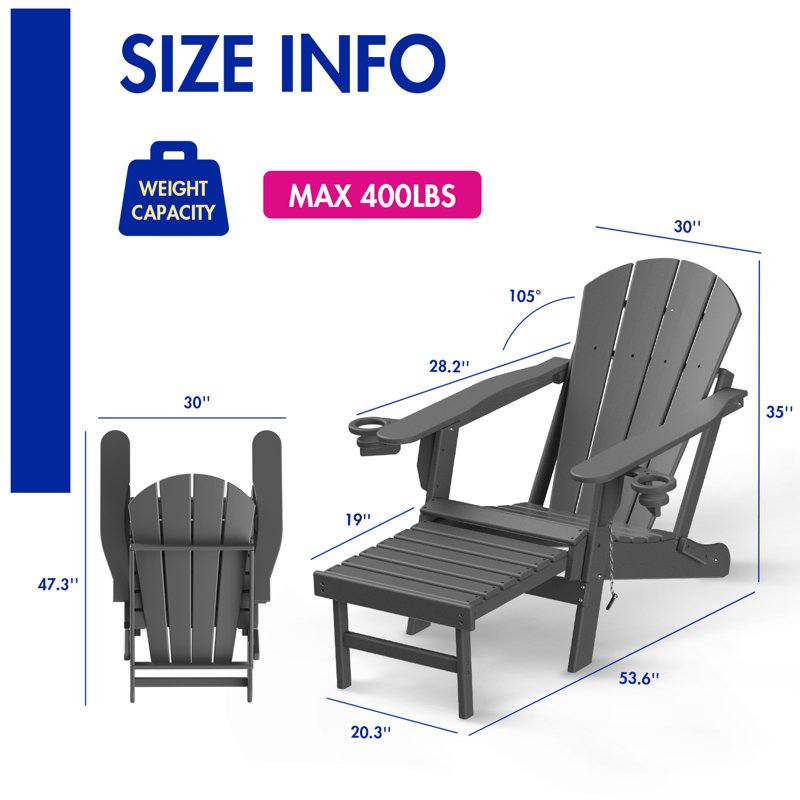 Cait Foldable Outdoor Adirondack Chair With Ottoman, Gray