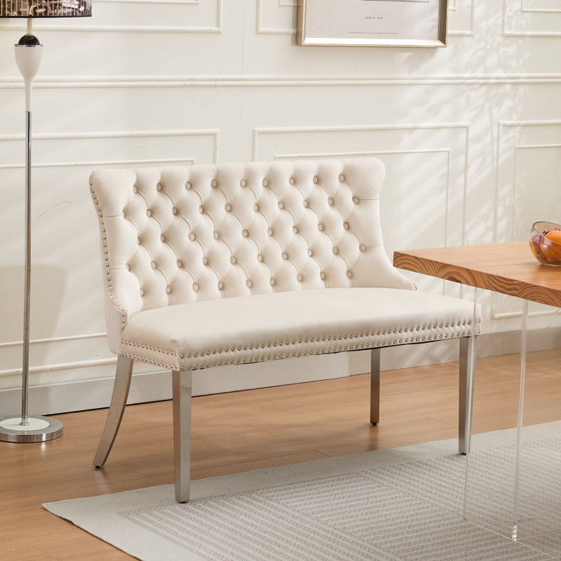 Brinley 2-Seat Velvet Dining Bench With Gold-Plated Legs And Hand-Tufted Buttons