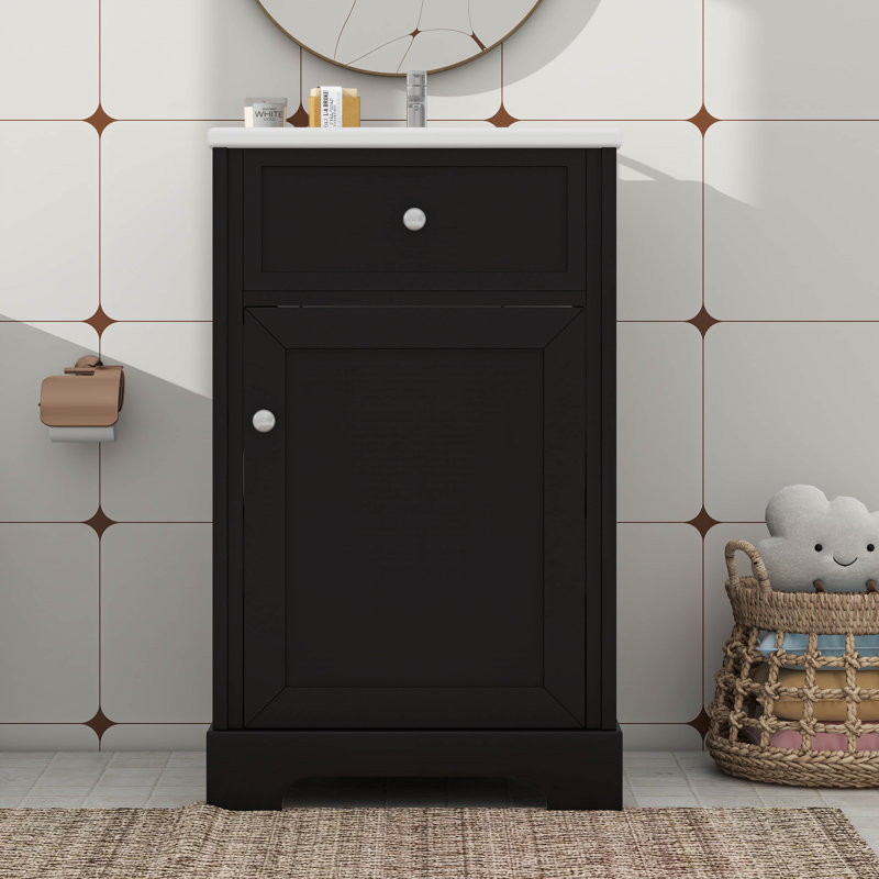Meuble-lavabo moderne de 20 pouces avec lavabo en céramique et tablette réglable, Noir