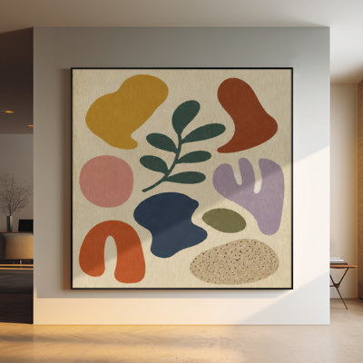 Très grand art mural imprimé sur tissu - Formes abstraites colorées avec motif de feuilles dans une composition moderne pour le salon ou la chambre à coucher - «Assemblage du cadre requis (cadre non fini)»