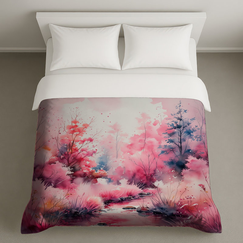Housses de couette aquarelle forêt rose, Lit simple