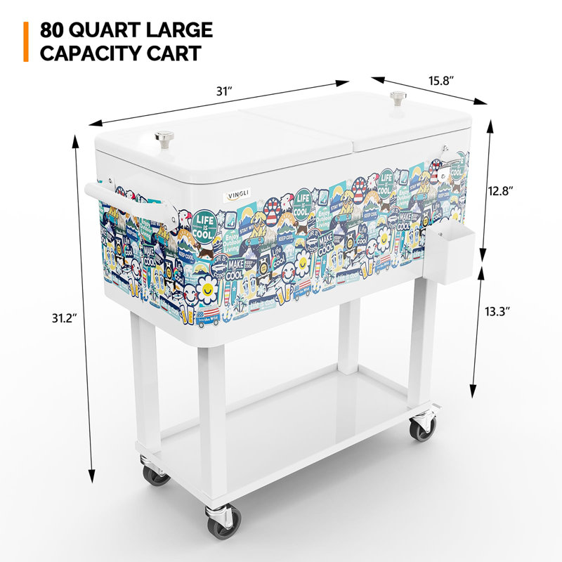80 Quart Rolling Ice Chest Cooler Cart, White/Multi-Colored