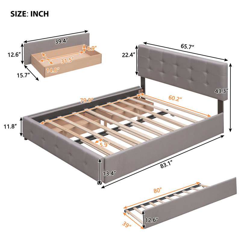 Upholstered Platform Bed with 2 Storage Drawers &  XL Trundle, Linen Fabric Bed Frame for Bedroom, Light Gray