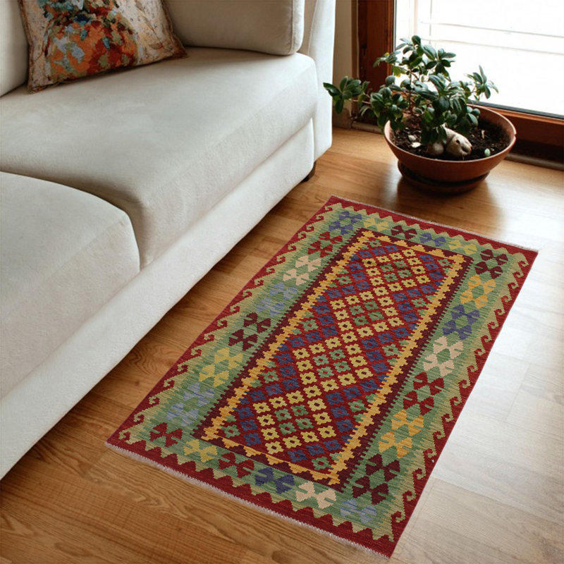 Tapis oriental en laine vert / brun / rouge fait à la main 3 pi 3 po x 4 pi 11 po Madee