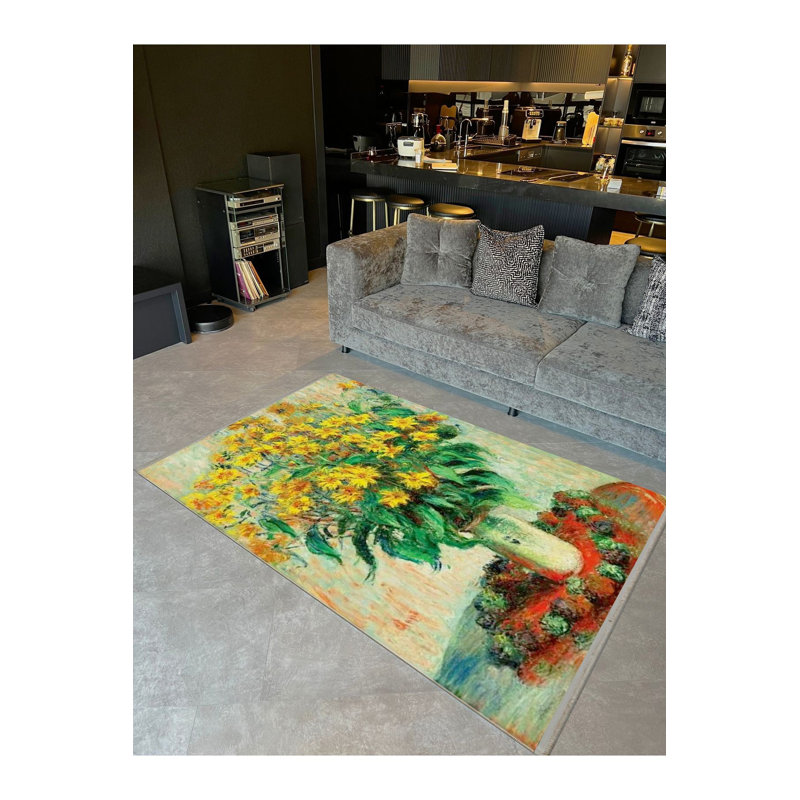 Tapis décoratif moderne jaune à motif de marguerites et de feuilles à motif jaune Oxeye
