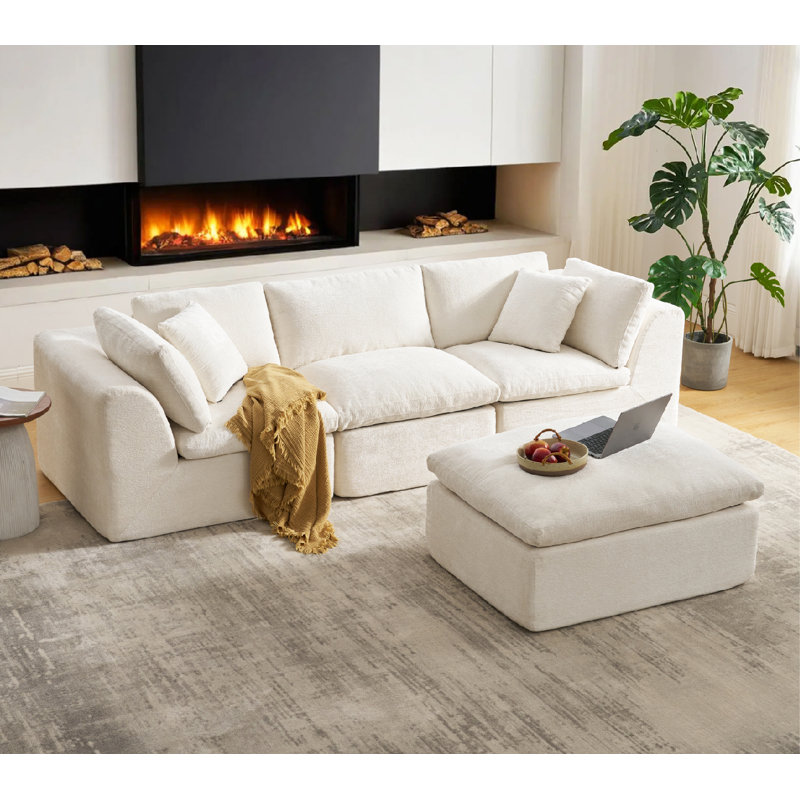 Boneless L-Shape 4-Seat Sectional Sofa With Ottoman, 110" Wide, No-Assembly Cloud-Style Design, High-Density Boneless Compression Foam, White