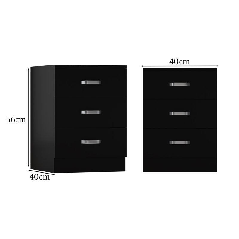 Lycinda 3 Drawer Chest Of Drawers - Matt Finish, Scratch Resistant, Brushed Chrome Metal Handles, Black