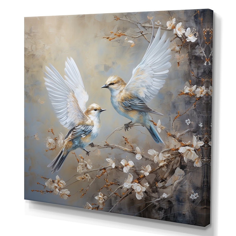 Or doré et gris sur un arbre floral II - Art mural oiseau, Toile tendue, H 36 po x l 36 po x P 1,5 po