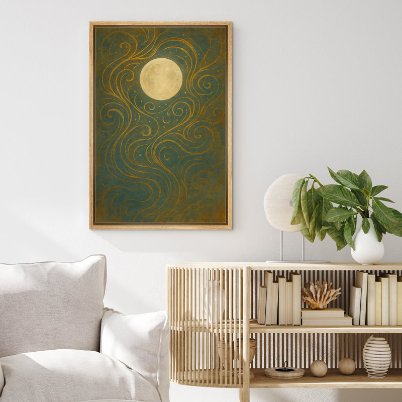 Pleine lune avec lignes dorées fluides sur fond vert foncé, impression sur toile encadrée, H 36 po x l 24 po x P 1,5 po