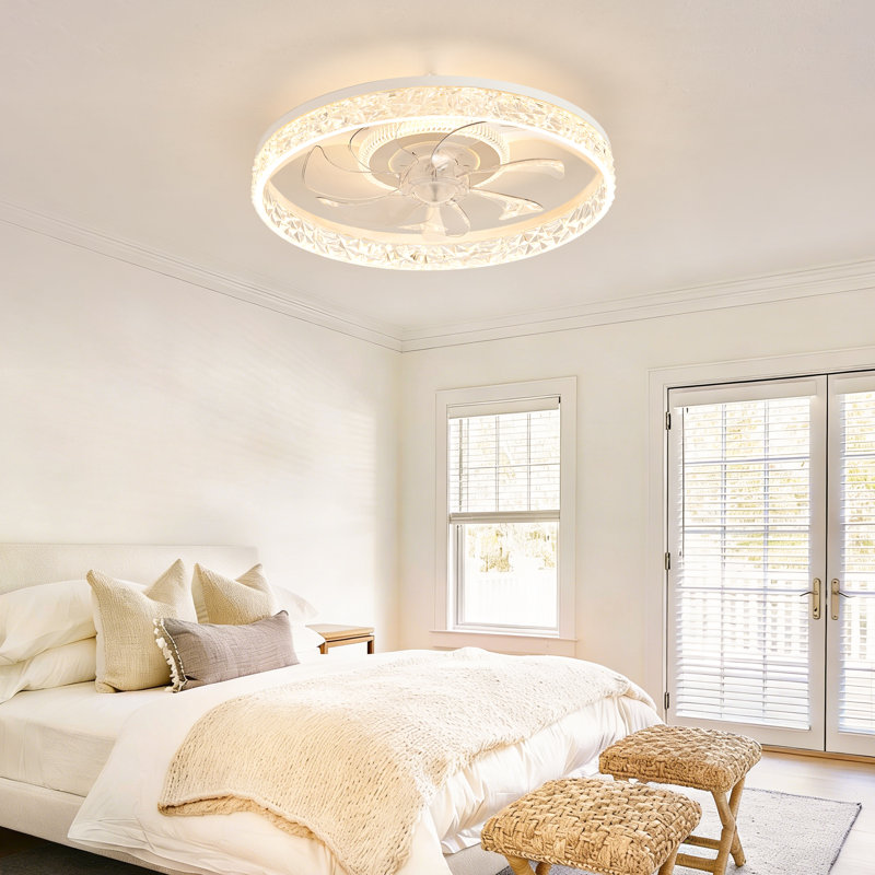 18.9" Low Profile Ceiling Fan With Light, Flush Mount Crystal Ceiling Fan With Remote, 6 Speeds Reversible Quiet Fan Light For Bedroom Living Room