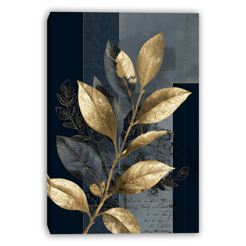 «Gold Botanical Leaves» sur toile tendue bleu foncé, H 16 po x l 12 po x P 1 po