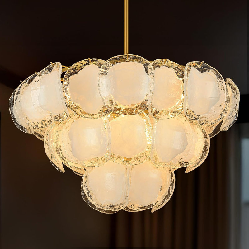 Lustre moderne doré à plusieurs niveaux, 30 pouces, à intensité variable, avec verre blanc nuage., 30"