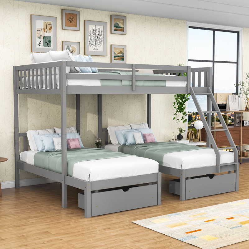 Lit superposé double au-dessus de simple et simple avec tiroirs de rangement et barrières de sécurité, Gris