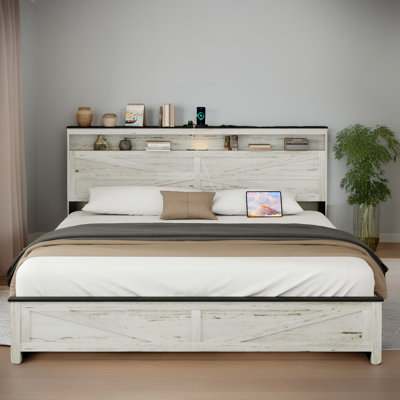 Lit plateforme gris antique blanc avec station de charge USB - rangement caché et structure en bois sans bruit
