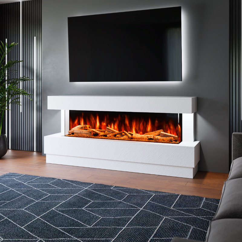 Evolution Fires Raphael Freestanding Electric Fireplace Suite | 1500mm 3-Sided LED Fire with White Stone Effect | Ideal for Feature Walls