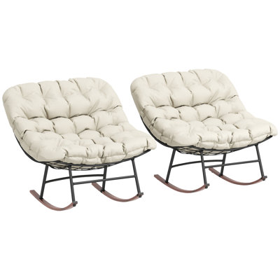 Outdoor Rocking Chair Set of 2, Oversized Rocking Papasan Chairs with Cushions, Steel Frame, Comfy Rockers for Patio Porch Lawn Garden,