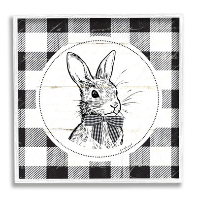 Dessin de lapin de Pâques détaillé, bordure à carreaux printanière noire, estampe numérique de Jennifer Pugh