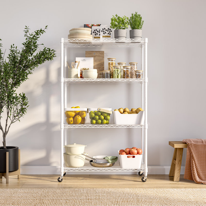 Steel Adjustable Height Shelving Unit with Wheels, White, 54" H x 36" W x 14" D