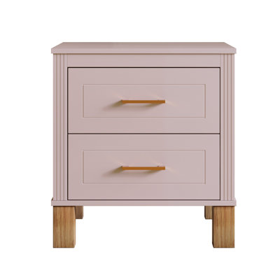 2 Drawer Nightstand, Premium Wood Storage with Elegant Fluted Design, Solid Wood Legs Nightstand with Metal Handle, Tall Bedside Table for Bedroom Living Room, Pink