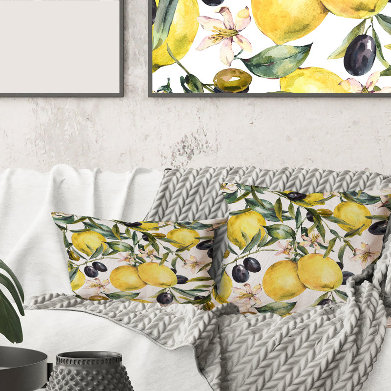 Carré, citron et branches olive I - Coussin décoratif à imprimé tropical, 18" x 18"