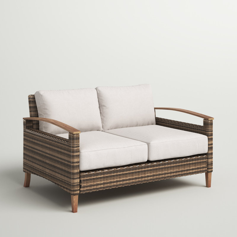 Courson 51'' Wide Premium All-Weather Wicker Loveseat with Cushions, Brown/Chestnut, Frequency Parchment Sunbrella®