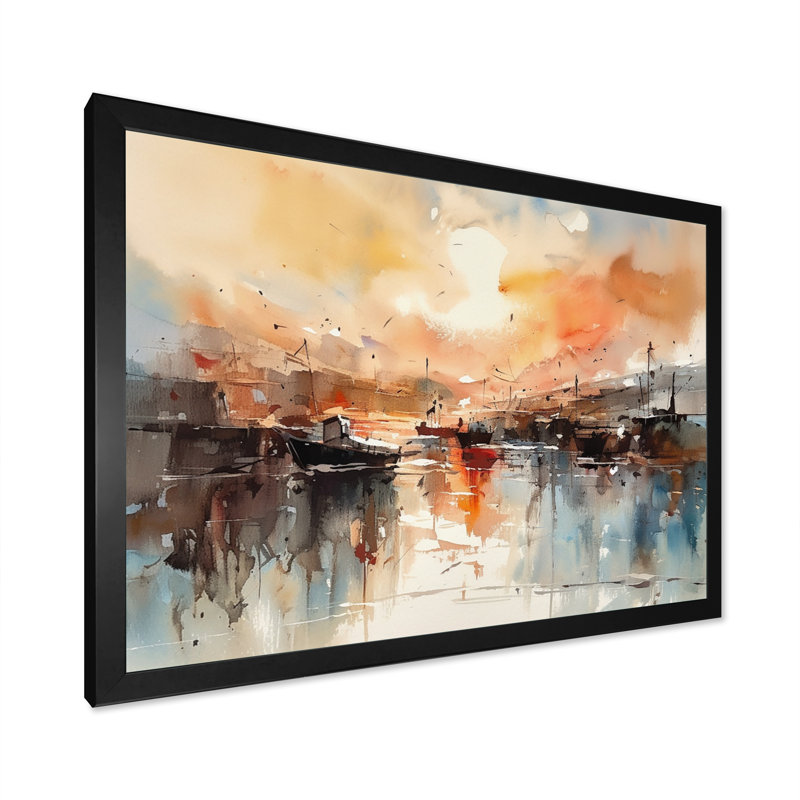 «Orange and Brown Harbor Reflections», reproduction sur toile encadrée, Noir, H 12 po x l 20 po x P 1 po