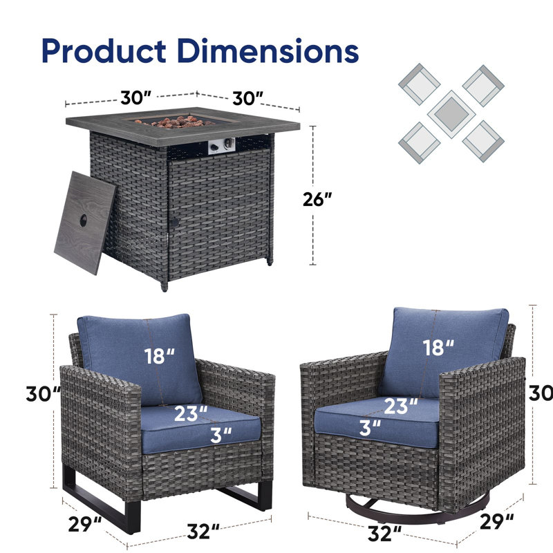 Naresa 5-Piece Outdoor Wicker Furniture Set With Swivel Glider Chairs & Fire Pit Table, Blue
