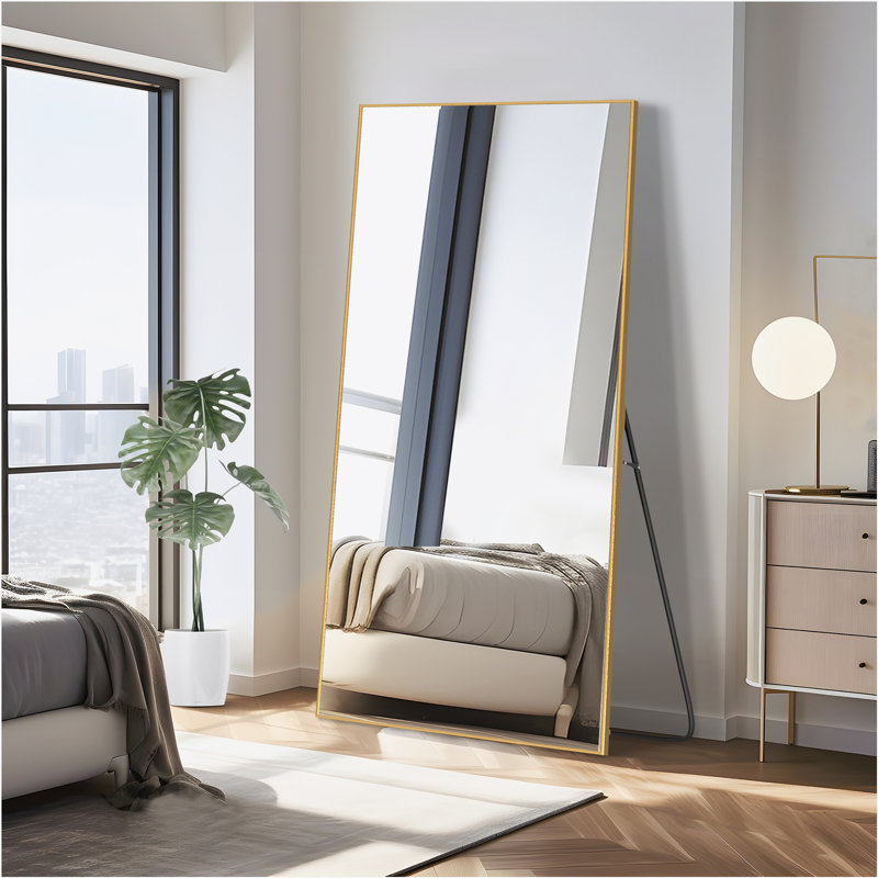 Lensa Rectangle Metal Full Length Wall Mirror with Embedded Bracket, Black, 79" x 35"