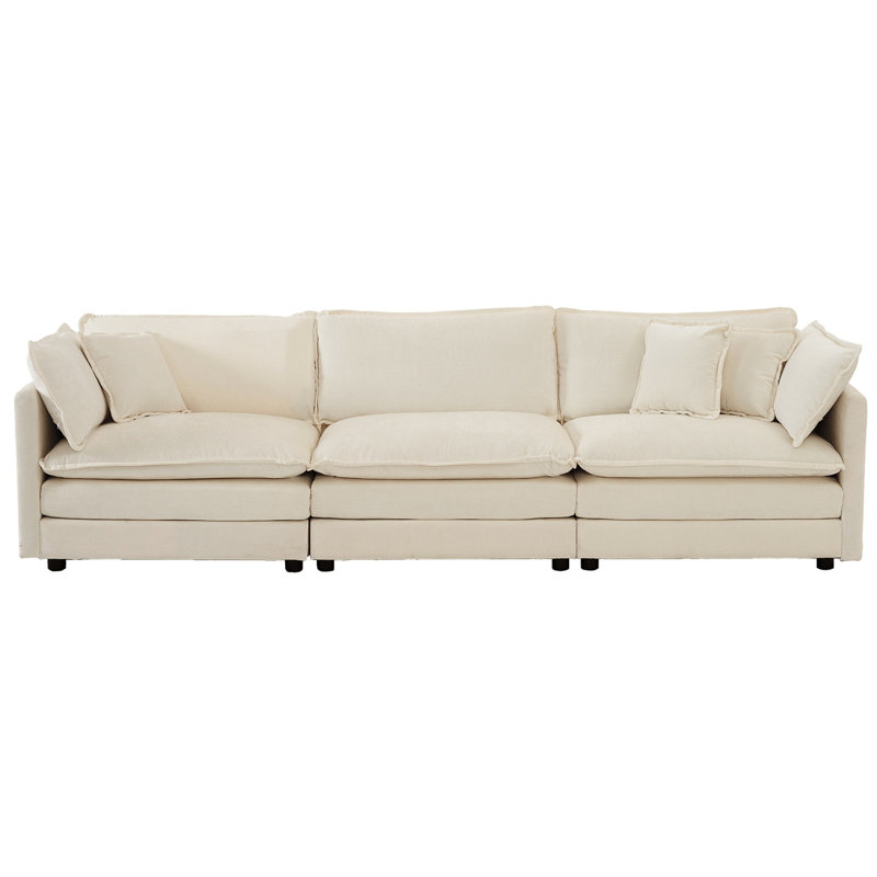 Chenille beige moderne, sièges 1 + 1 + 3, accoudoirs ronds, structure en bois, tissu haut, canapé de salon confortable: tissu