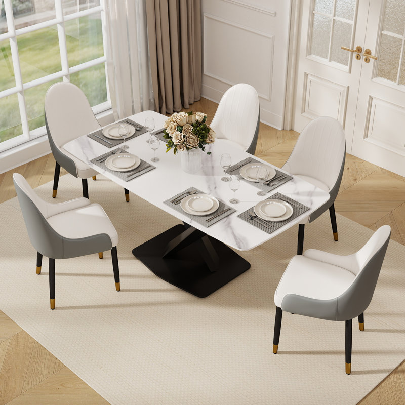 Ensemble de salle à manger à piédestal en pierre pour 6 personnes Zyrell, Gris / Blanc, Blanc