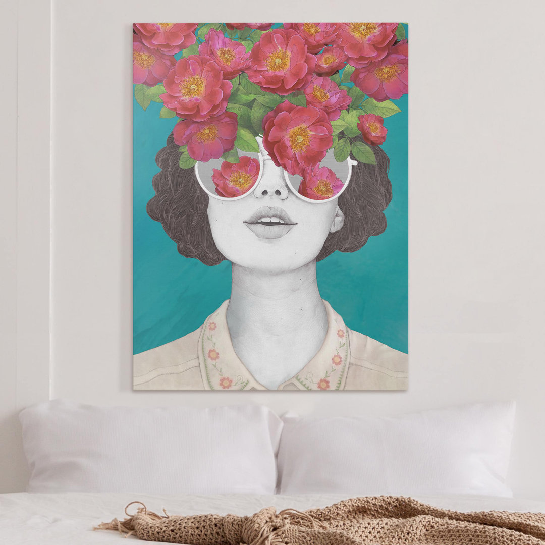 Leinwandbild Illustration Portrait Frau Collage mit Blumen Brille von Laura Graves