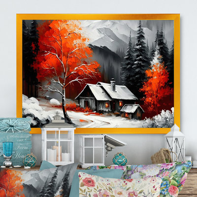 Monochère orange, chalet en hiver, art mural sur toile paysage