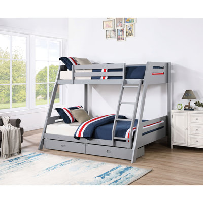 Lit superposé simple au-dessus d'un lit double transitionnel en bois massif gris, angle réversible, 2 tiroirs sous le lit, articulation et verrouillage, conception à lattes pour un sommeil avant serein - Access Relaxed