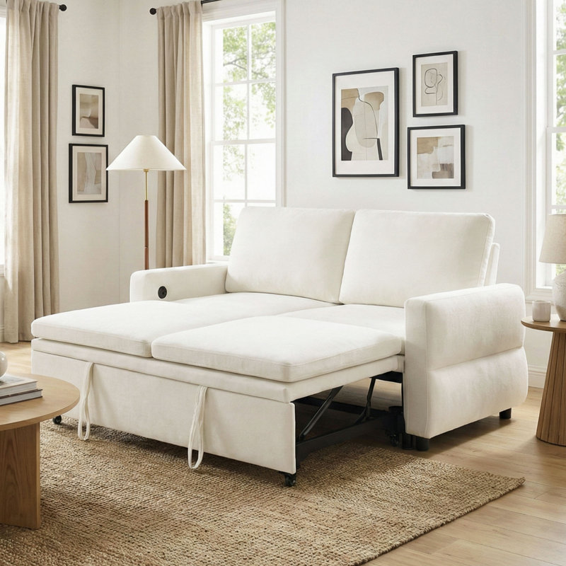 Canapé-lit convertible avec canapé-lit de 62,75 po avec dossier réglable et ports USB pour le salon, Beige