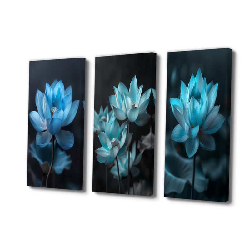 Bleu bleu, lotus rayonnants I - Collection d'art mural Lotus, H 40 po x l 60 po, Toile tendue, Ne s’applique pas