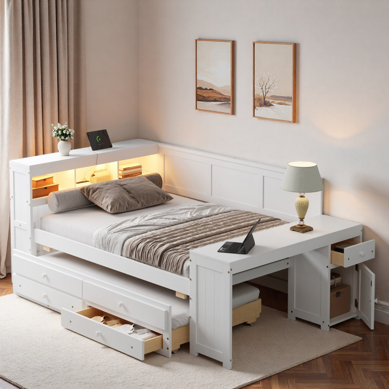 Modern Daybed With Storage Shelves, Drawers, Trundle, Charging Station, Led Light, Desk And Cabinet, White